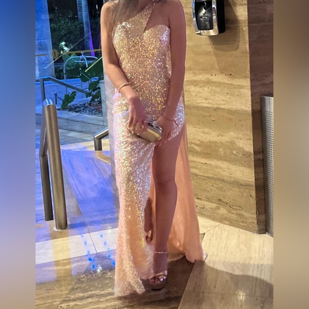 One shoulder sequin prom dress in pink blush and gold color (only worn once)